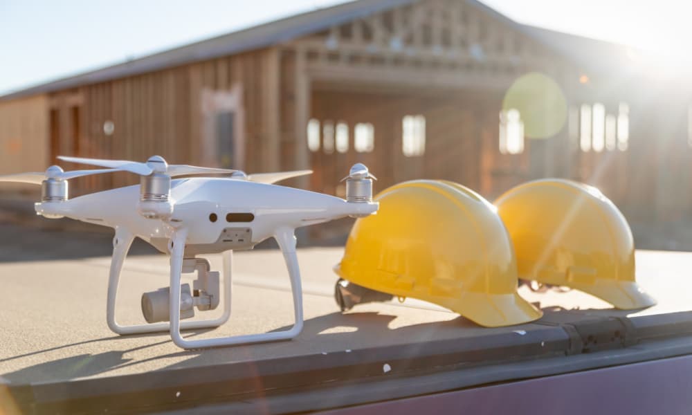 A construction drone beside two yellow hard hats in front of an under-construction building.